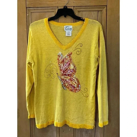 The Quacker Factory Women Butterfly Sequin Sweater Size Large Yellow Y2K VINTAGE - Picture 1 of 10